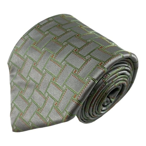 Zilli Silver Green Monogram Mens Pure Silk Tie 3.75 Inch Width LNWOT - Picture 1 of 4